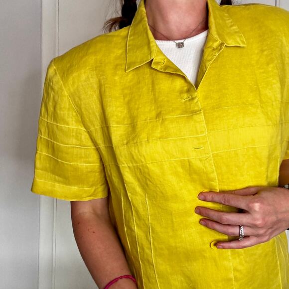 Ann Gerlin 1990s Button Up Linen Blouse Chartreuse Green Short Sleeve Tailored - Picture 8 of 10